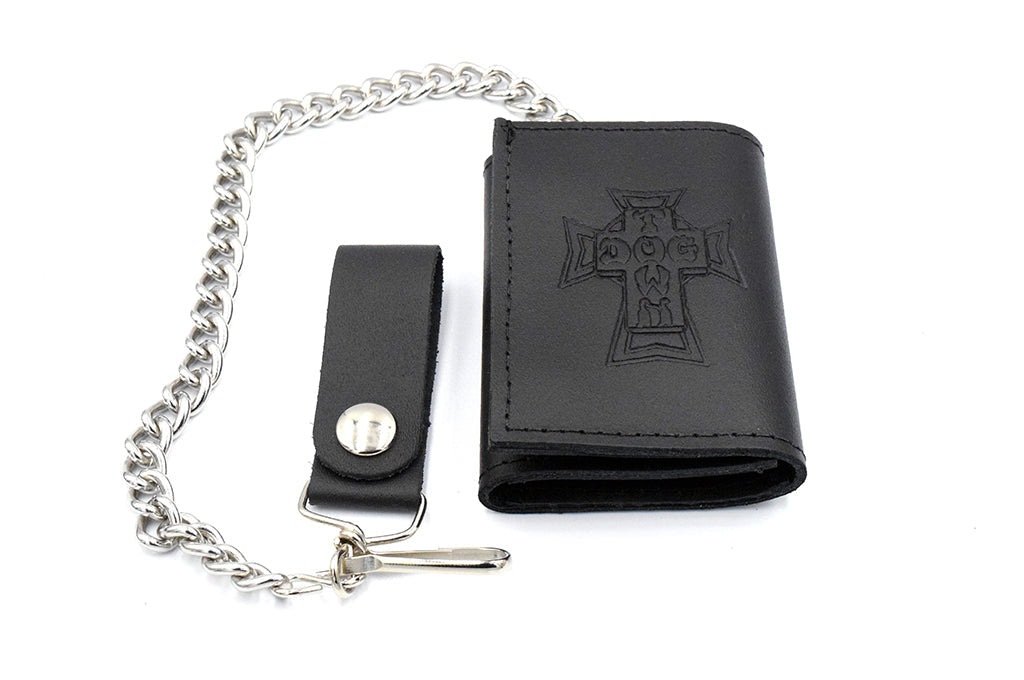 Dogtown Vintage Cross Small Leather Trifold Chain Wallet Black
