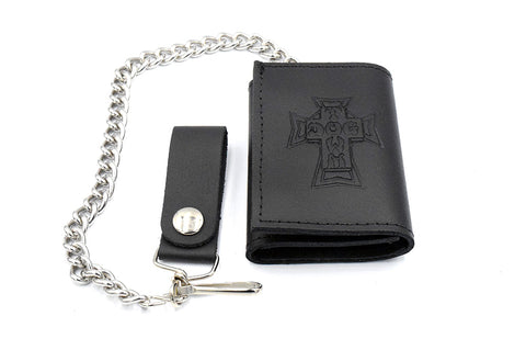 Dogtown Vintage Cross Small Leather Trifold Chain Wallet Black